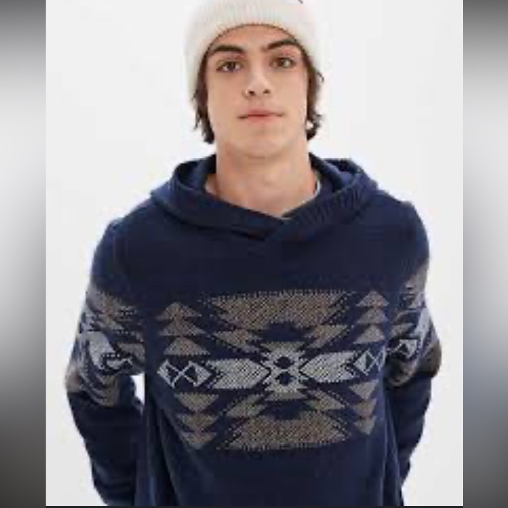 American Eagle Navy Blue Southwestern Aztec Print Hooded Sweater Chunky Size XL